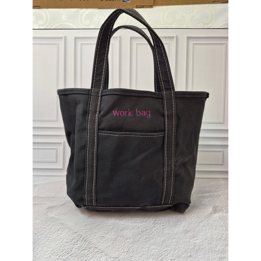 LL Bean Boat and Tote Medium Black Canvas Work Bag Pink Embroidery Made in USA